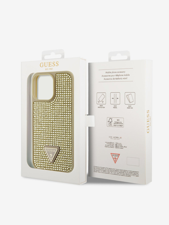 Guess Guess ovitek s kovinskim logotipom Trikotnik s kristali za iPhone 14 Pro Max Gold