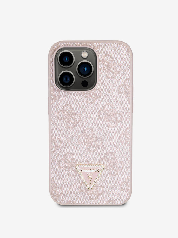 Guess PU 4G Strass Triangle Metal Logo Zadní Kryt pro iPhone 15 Pro Pink Ovitek za telefon