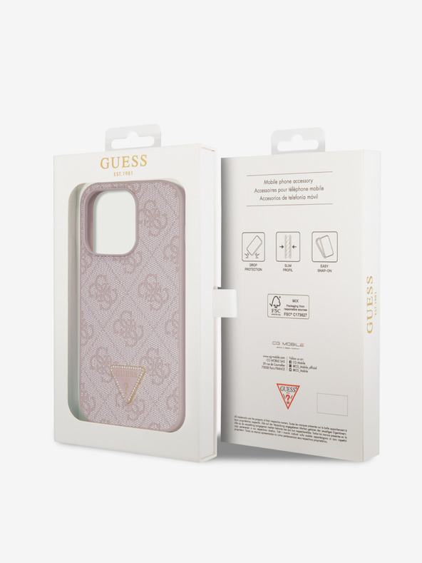 Guess PU 4G Strass Triangle Metal Logo Zadní Kryt pro iPhone 15 Pro Pink Ovitek za telefon