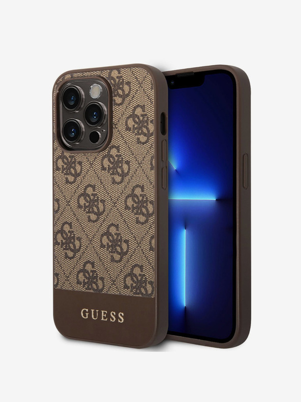 Guess Guess PU 4G črtasti zadnji ovitek za iPhone 14 Pro rjave barve