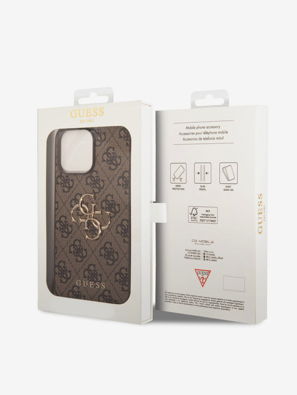 Guess PU 4G Metal Logo Zadní Kryt pro iPhone 15 Pro Max Brown Ovitek za telefon