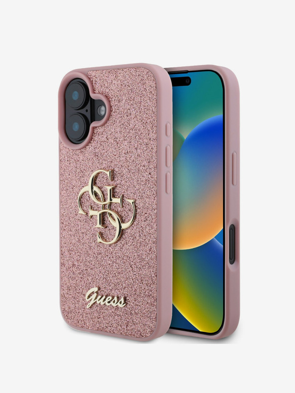 Guess Guess PU Fixed Glitter 4G Metal Logo Back Cover za iPhone 16 Pink