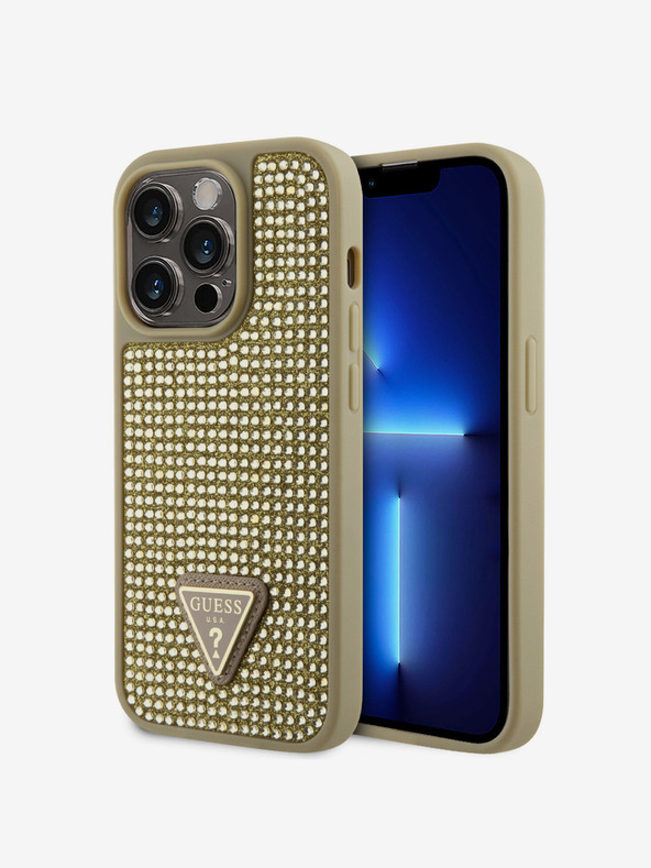Guess Guess ovitek s kovinskim logotipom trikotnik s kamenčki za iPhone 15 Pro Gold