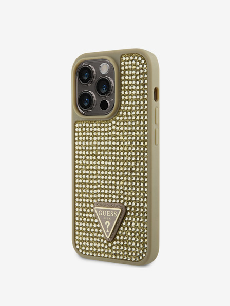 Guess Guess ovitek s kovinskim logotipom trikotnik s kamenčki za iPhone 15 Pro Gold