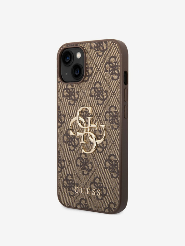 Guess Guess PU 4G kovinski logotip hrbtni ovitek za iPhone 14 rjav