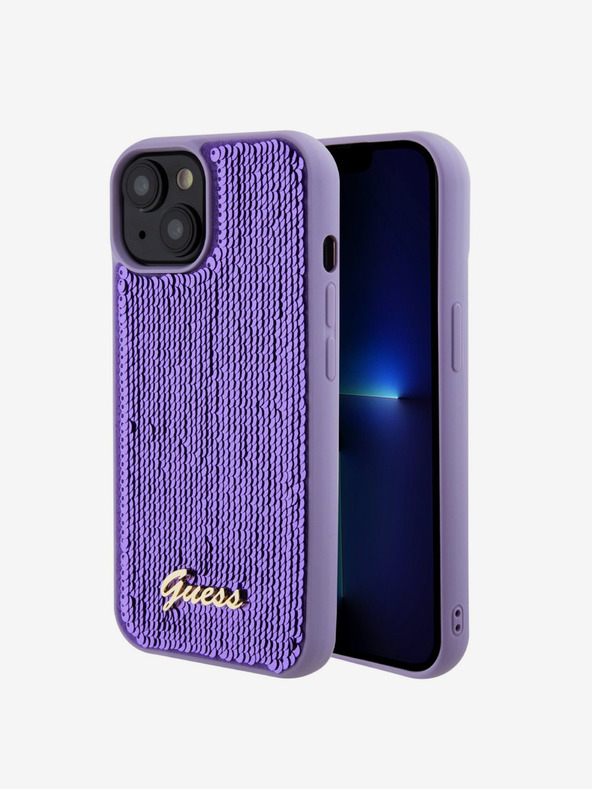 Guess Guess Sequin Script Logo hrbtni ovitek za iPhone 15 Plus Purple