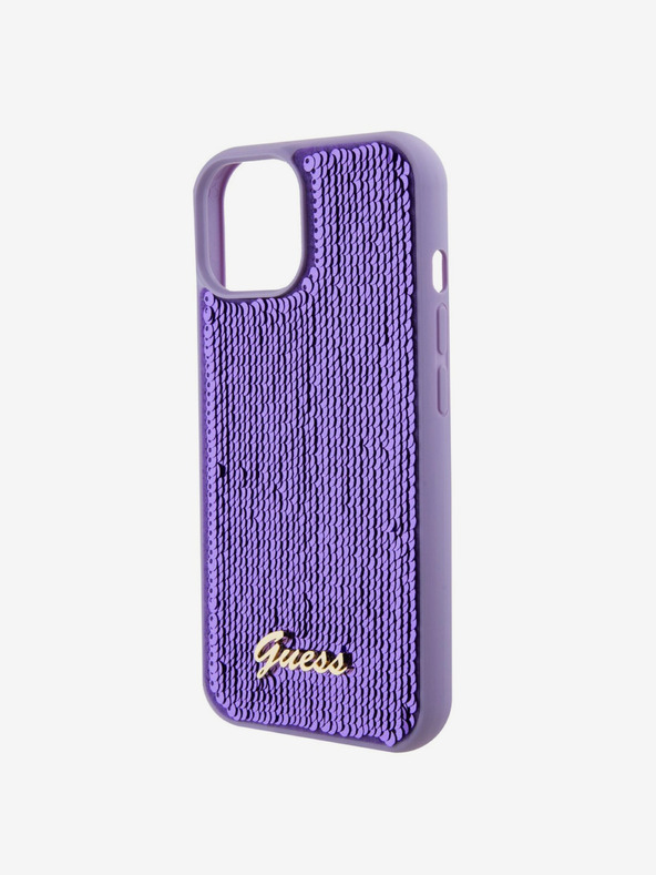 Guess Guess Sequin Script Logo hrbtni ovitek za iPhone 15 Plus Purple