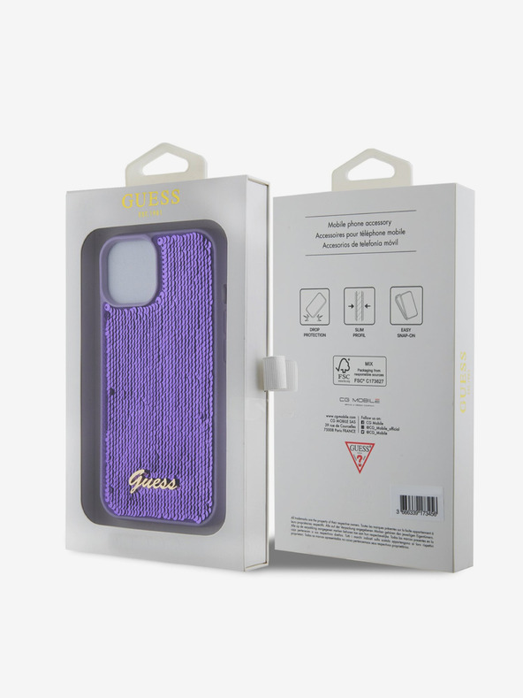 Guess Guess Sequin Script Logo hrbtni ovitek za iPhone 15 Plus Purple