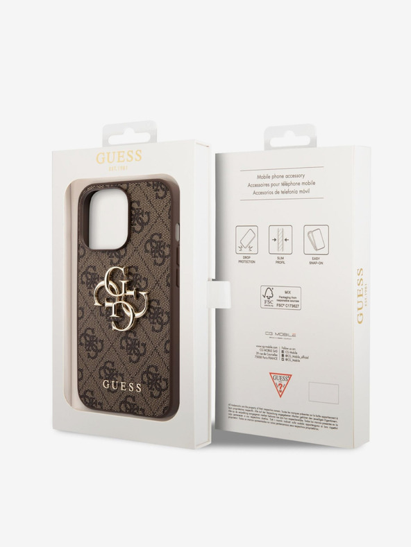 Guess PU 4G Metal Logo Zadní Kryt pro iPhone 14 Pro Brown Ovitek za telefon
