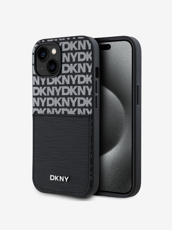 DKNY PU usnje s ponavljajočim se vzorcem žepa za kartice hrbtni ovitek za iPhone 14 črno DKNY