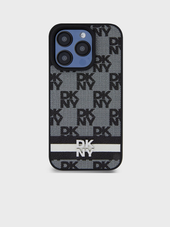 DKNY PU usnje s karirastim vzorcem in črtami Zadnji ovitek za iPhone 12/12 Pro Black DKNY