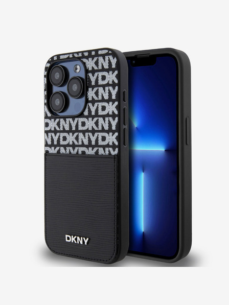 DKNY PU Usnje Ponavljajoči se vzorec žepa za kartice za iPhone 14 Pro Black DKNY