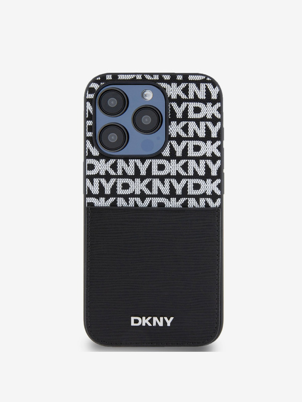 DKNY PU Usnje Ponavljajoči se vzorec žepa za kartice za iPhone 14 Pro Black DKNY