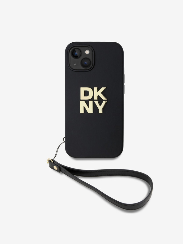 DKNY PU Leather Stack Logo Wrist Strap Back Cover za iPhone 15 Black DKNY