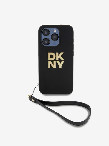 DKNY PU Leather Stack Logo Wrist Strap Back Cover za iPhone 15 Pro Black DKNY