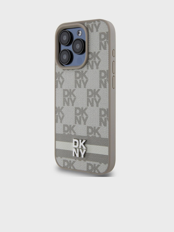DKNY PU Usnje s kvačkanim vzorcem in črto na hrbtni strani za iPhone 15 Pro Max Beige DKNY