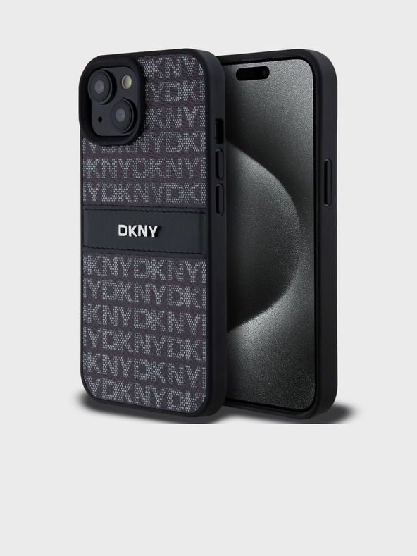 DKNY PU usnje s ponavljajočim se vzorcem v obliki tonskega traku hrbtni ovitek za iPhone 15 Black DKNY