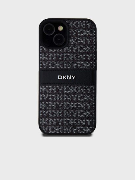 DKNY PU usnje s ponavljajočim se vzorcem v obliki tonskega traku hrbtni ovitek za iPhone 15 Black DKNY