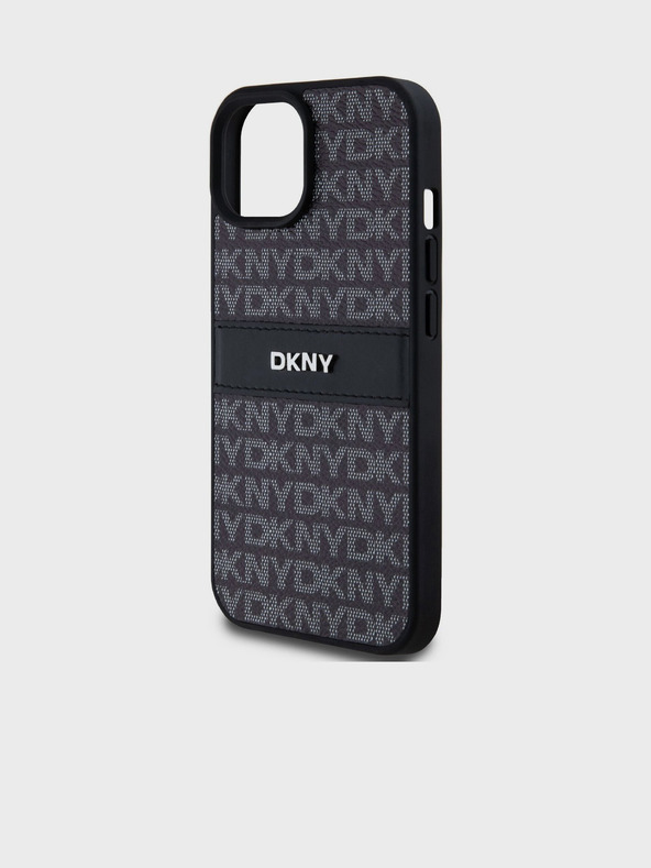 DKNY PU usnje s ponavljajočim se vzorcem v obliki tonskega traku hrbtni ovitek za iPhone 15 Black DKNY