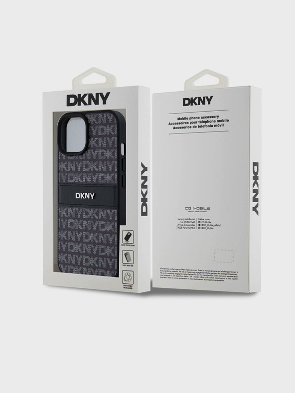 DKNY PU usnje s ponavljajočim se vzorcem v obliki tonskega traku hrbtni ovitek za iPhone 15 Black DKNY