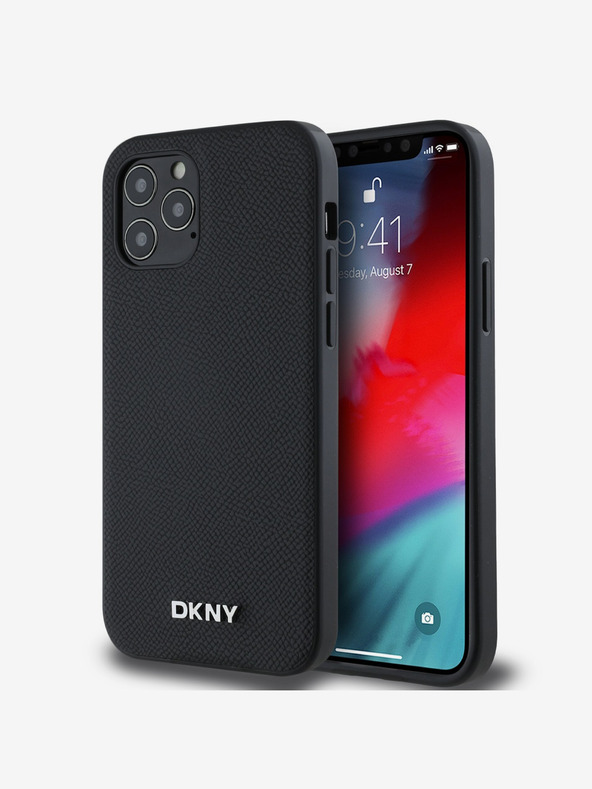 DKNY PU usnje Srebrni kovinski logotip Magsafe hrbtni ovitek za iPhone 12/12 Pro Black DKNY