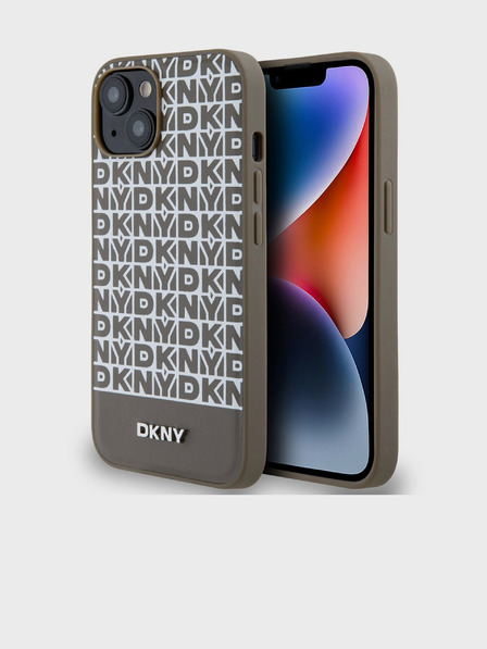 DKNY PU usnje Ponavljajoči se vzorec spodnjega traku MagSafe hrbtni ovitek za iPhone 15 rjav DKNY