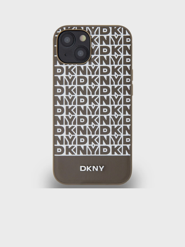 DKNY PU usnje Ponavljajoči se vzorec spodnjega traku MagSafe hrbtni ovitek za iPhone 15 rjav DKNY