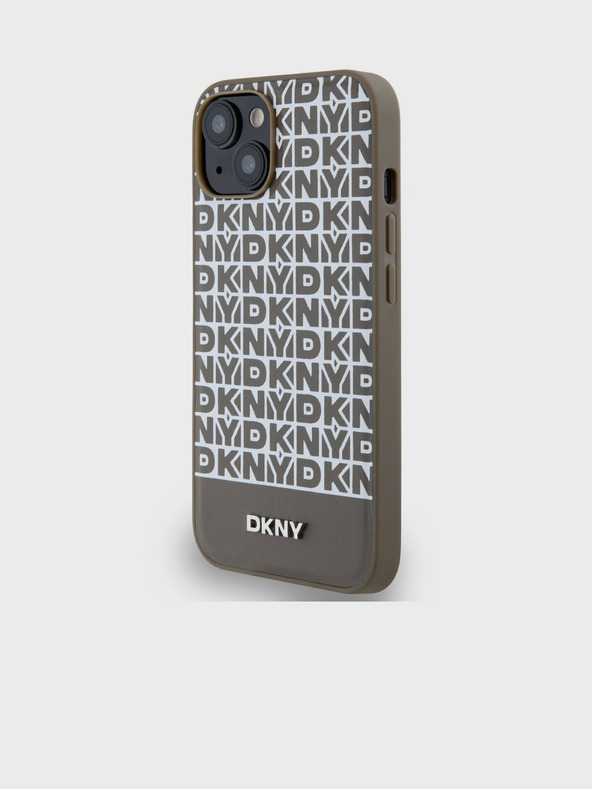 DKNY PU usnje Ponavljajoči se vzorec spodnjega traku MagSafe hrbtni ovitek za iPhone 15 rjav DKNY