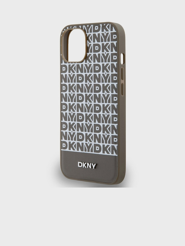 DKNY PU usnje Ponavljajoči se vzorec spodnjega traku MagSafe hrbtni ovitek za iPhone 15 rjav DKNY