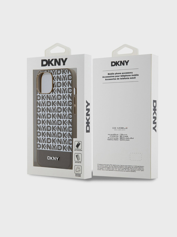 DKNY PU usnje Ponavljajoči se vzorec spodnjega traku MagSafe hrbtni ovitek za iPhone 15 rjav DKNY