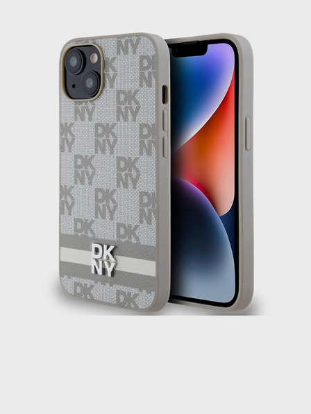 DKNY PU Usnje s kvačkanim vzorcem in črto na hrbtni strani za iPhone 15 Beige DKNY
