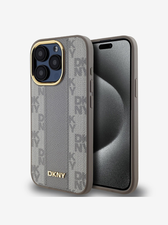 DKNY PU Usnje Checkered Pattern Magsafe Back Cover za iPhone 15 Pro Max Beige DKNY
