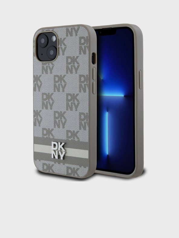DKNY PU usnje Karetiran vzorec in črtasti hrbtni ovitek za iPhone 13 Beige DKNY