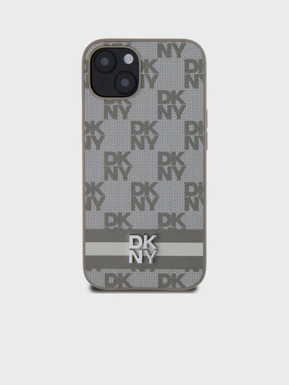 DKNY PU usnje Karetiran vzorec in črtasti hrbtni ovitek za iPhone 13 Beige DKNY