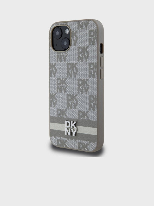 DKNY PU usnje Karetiran vzorec in črtasti hrbtni ovitek za iPhone 13 Beige DKNY