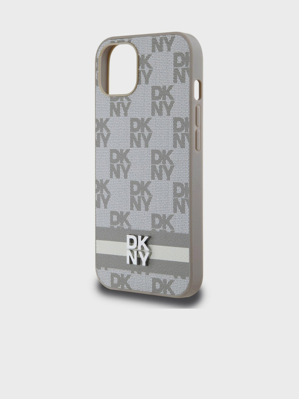 DKNY PU usnje Karetiran vzorec in črtasti hrbtni ovitek za iPhone 13 Beige DKNY