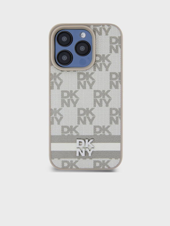 DKNY PU Usnje s kvačkanim vzorcem in črto na hrbtni strani za iPhone 15 Pro Beige DKNY