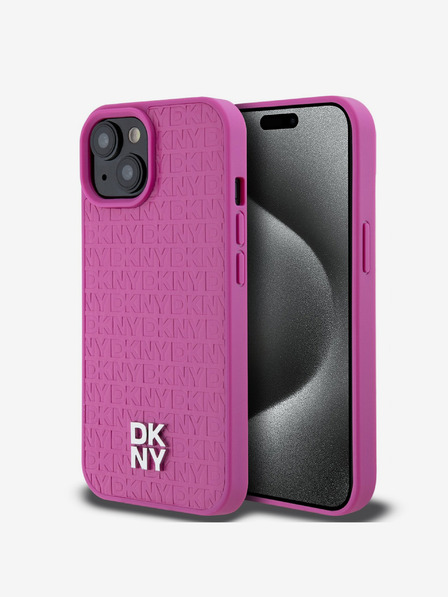 DKNY PU usnje Ponavljajoči se vzorec z logotipom Magsafe hrbtni ovitek za iPhone 15 Pink DKNY
