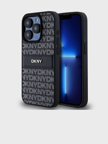 DKNY PU Usnje Ponavljajoči se vzorec Tonal Stripe Back Cover za iPhone 14 Pro Max Black DKNY