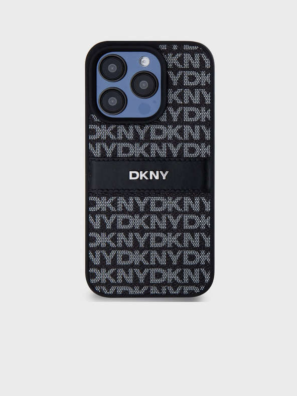 DKNY PU Usnje Ponavljajoči se vzorec Tonal Stripe Back Cover za iPhone 14 Pro Max Black DKNY