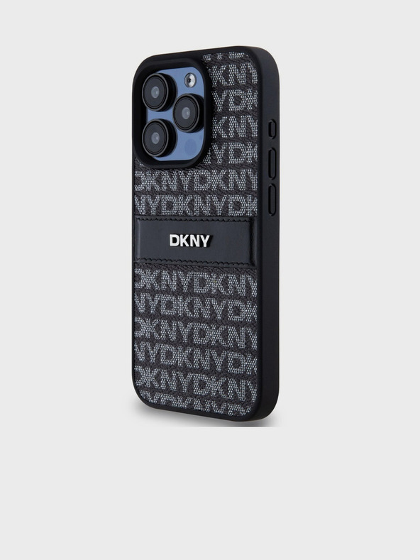 DKNY PU Usnje Ponavljajoči se vzorec Tonal Stripe Back Cover za iPhone 14 Pro Max Black DKNY