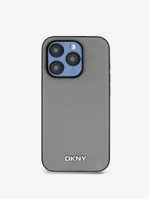 DKNY PU Usnje Silver Metal Logo Magsafe hrbtni ovitek za iPhone 14 Pro Grey DKNY
