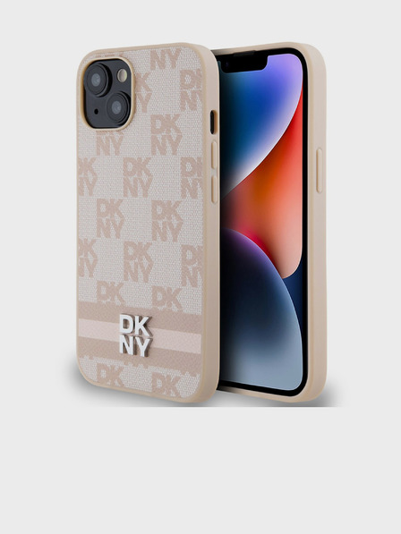 DKNY PU Usnje s kvačkanim vzorcem in črto na hrbtni strani za iPhone 15 Pink DKNY
