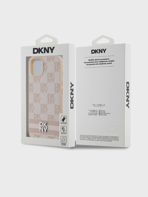 DKNY PU Usnje s kvačkanim vzorcem in črto na hrbtni strani za iPhone 15 Pink DKNY