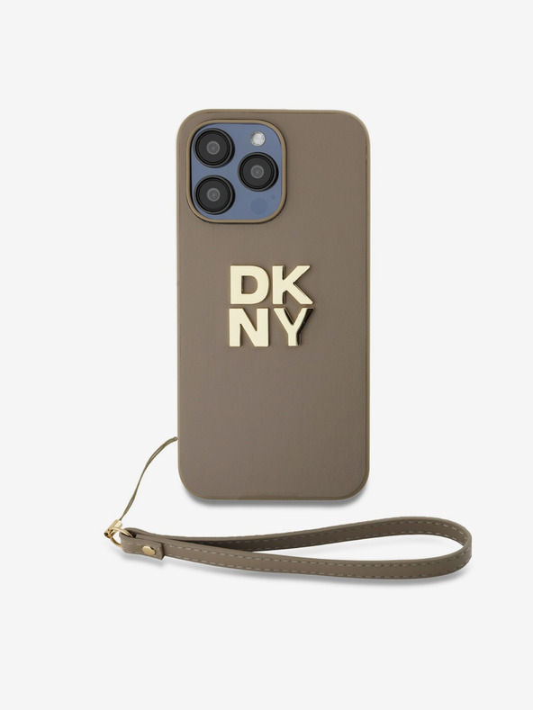 DKNY PU Leather Stack Logo Wrist Strap Back Cover za iPhone 14 Pro Max Beige DKNY