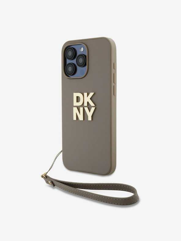 DKNY PU Leather Stack Logo Wrist Strap Back Cover za iPhone 14 Pro Max Beige DKNY