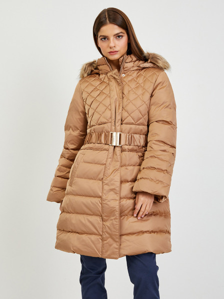 Guess Rjav ženski puhov zimski plašč s snemljivo kapuco in krznom Guess Lolie