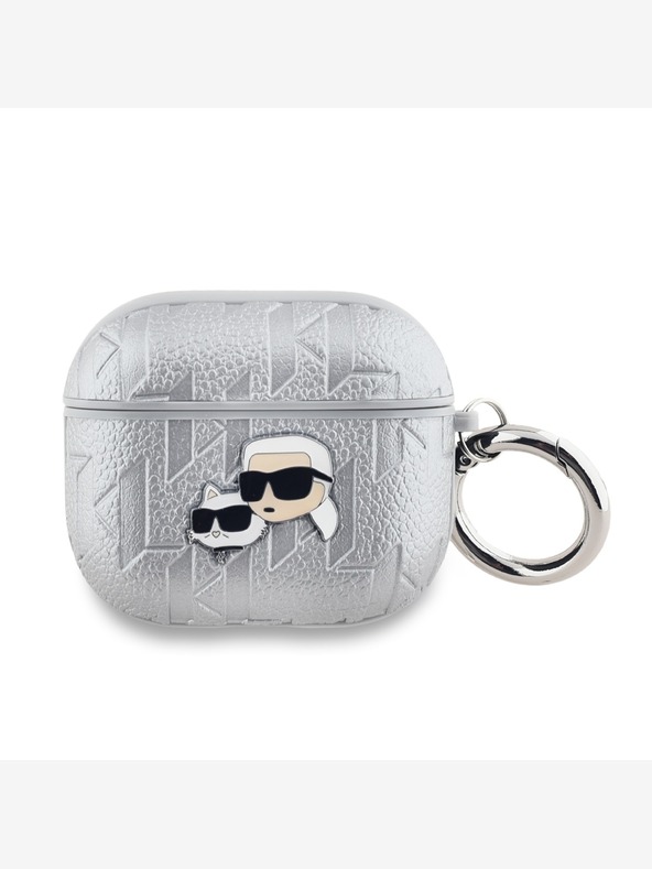 Karl Lagerfeld PU reliefni etui za glave Karl in Choupette za AirPods 3 Silver Karl Lagerfeld