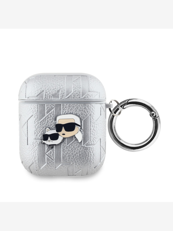 Karl Lagerfeld PU reliefni etui Karl in Choupette Heads za AirPods 1/2 Silver Karl Lagerfeld