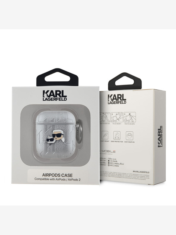 Karl Lagerfeld PU reliefni etui Karl in Choupette Heads za AirPods 1/2 Silver Karl Lagerfeld